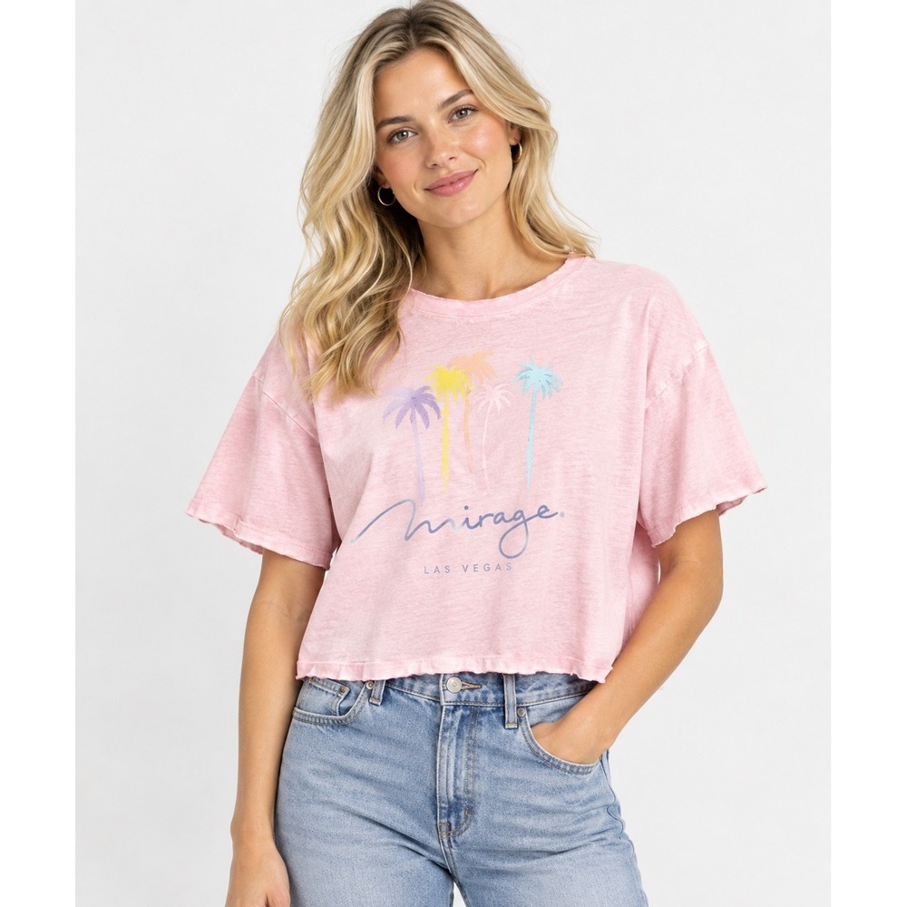 Mirage Las Vegas Sweatshirt Women L Pink Palm Tree Short Sleeve Boxy Cropped VTG